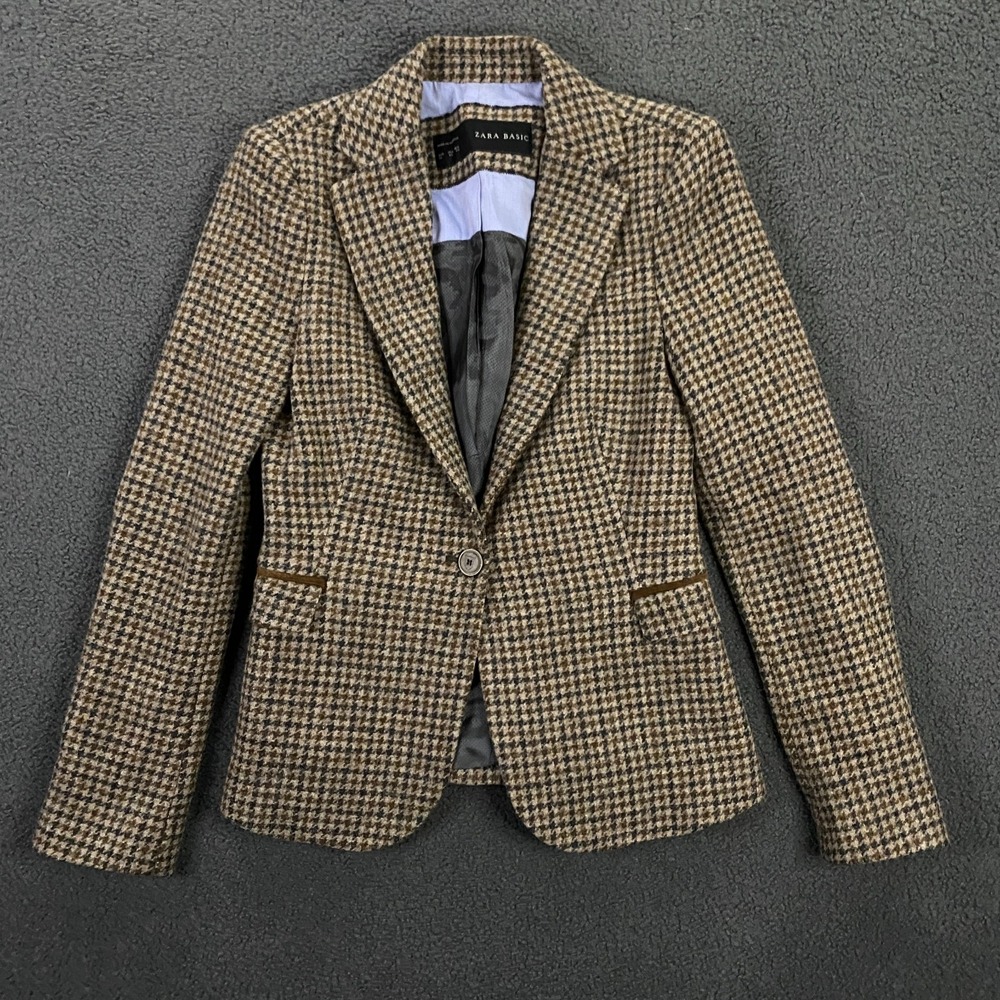 Zara‎ Blazer Womens XS Houndstooth Check 100% Wool Equestrian Old Money Jacket